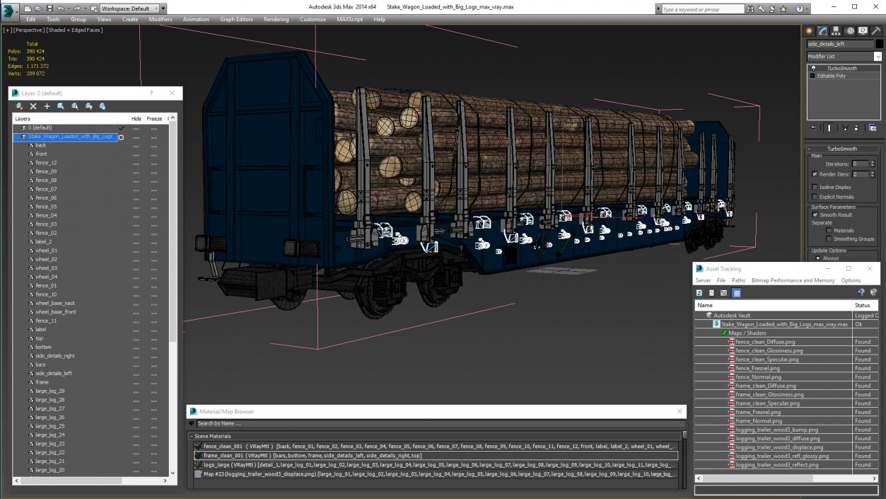 Stake Wagon Loaded with Big Logs 3D