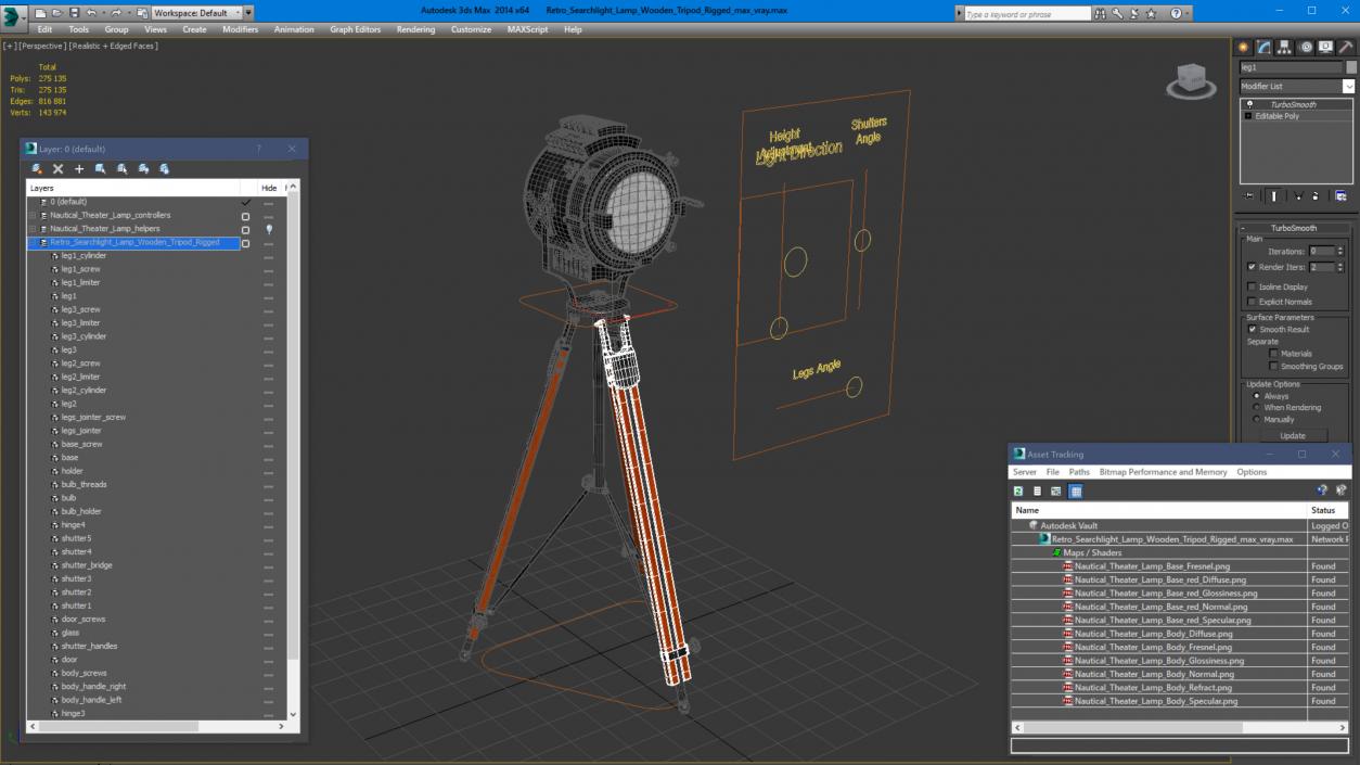 Retro Searchlight Lamp Wooden Tripod Rigged for Cinema 4D 3D