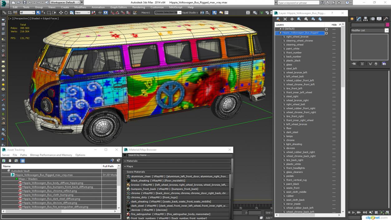 3D Hippie Volkswagen Bus Rigged model