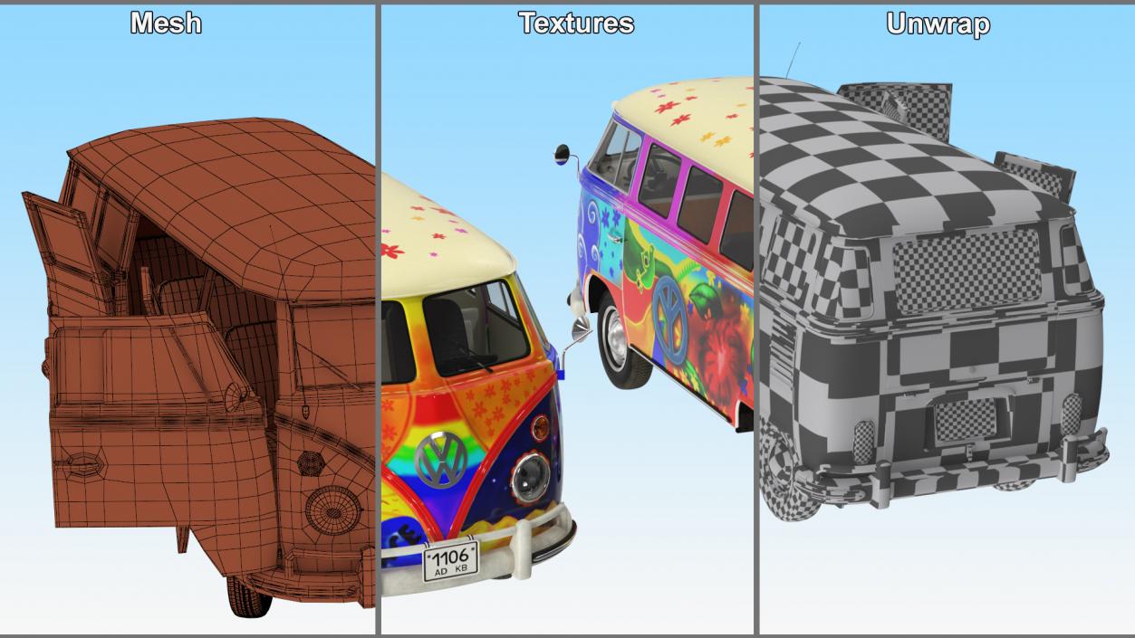 3D Hippie Volkswagen Bus Rigged model