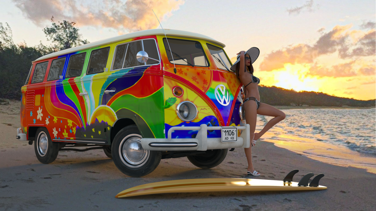 3D Hippie Volkswagen Bus Rigged model