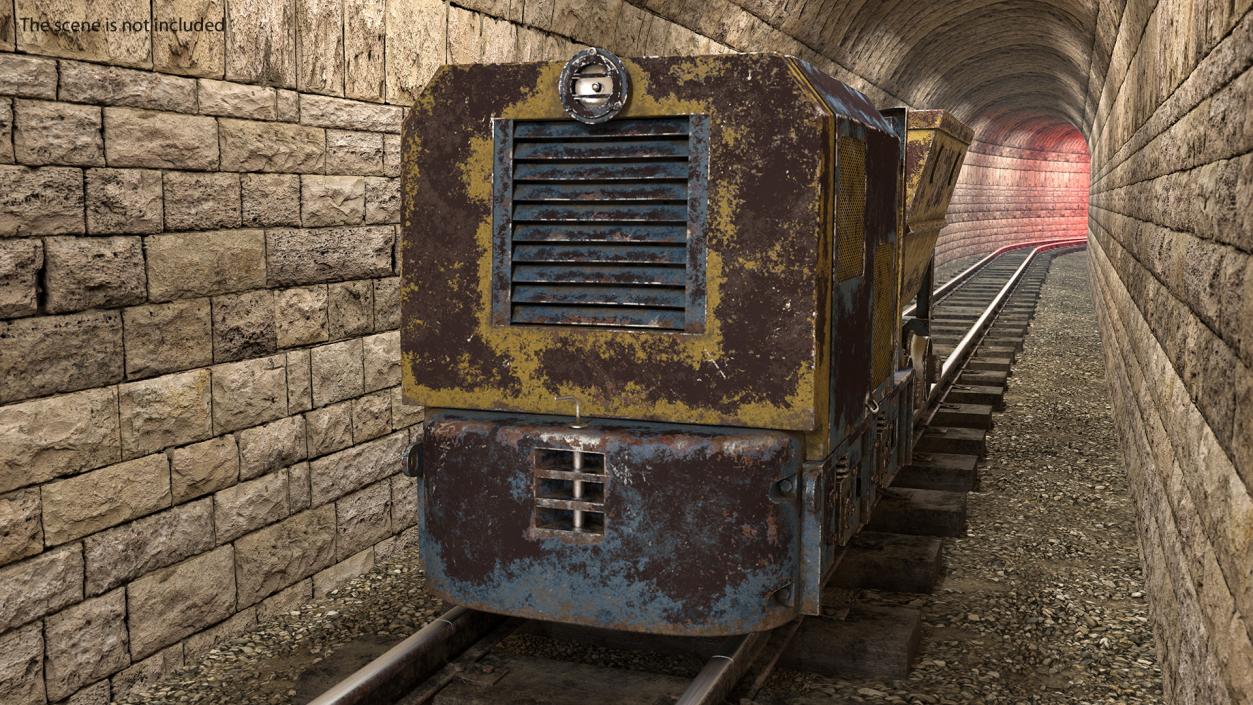 Mining Locomotive with Minecart on Railway Section Rusted 3D