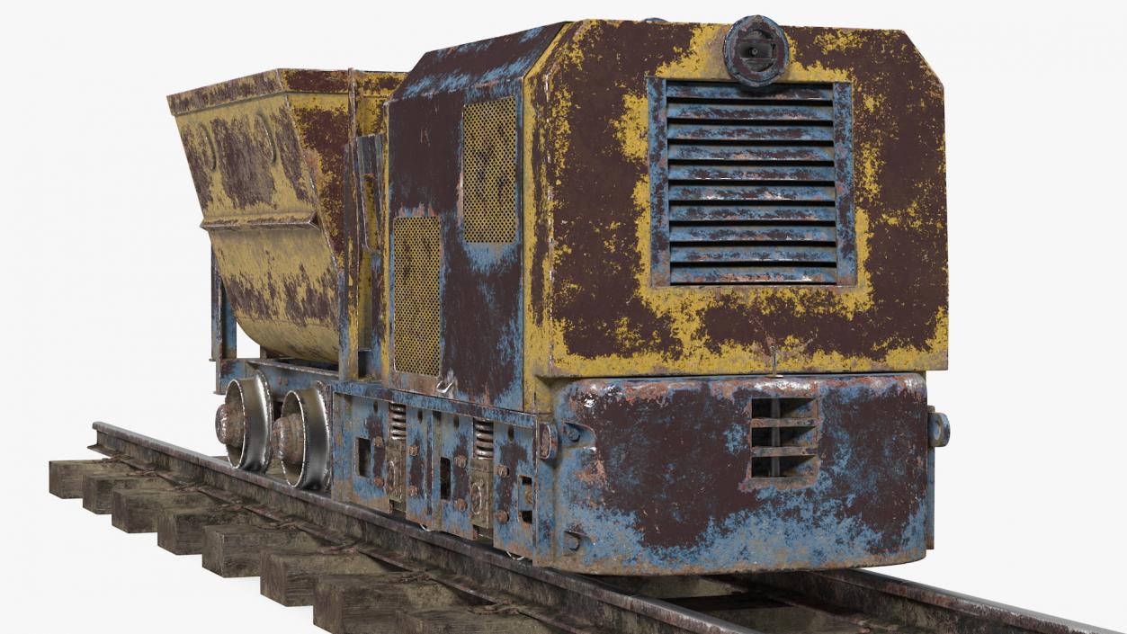 Mining Locomotive with Minecart on Railway Section Rusted 3D