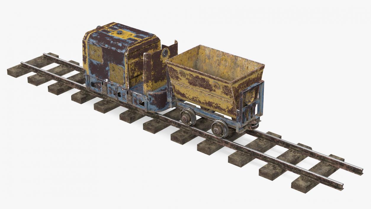 Mining Locomotive with Minecart on Railway Section Rusted 3D