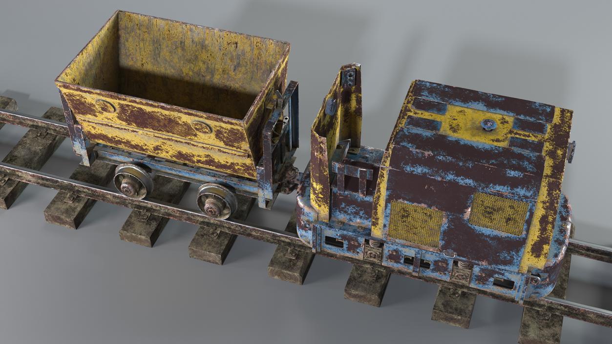 Mining Locomotive with Minecart on Railway Section Rusted 3D