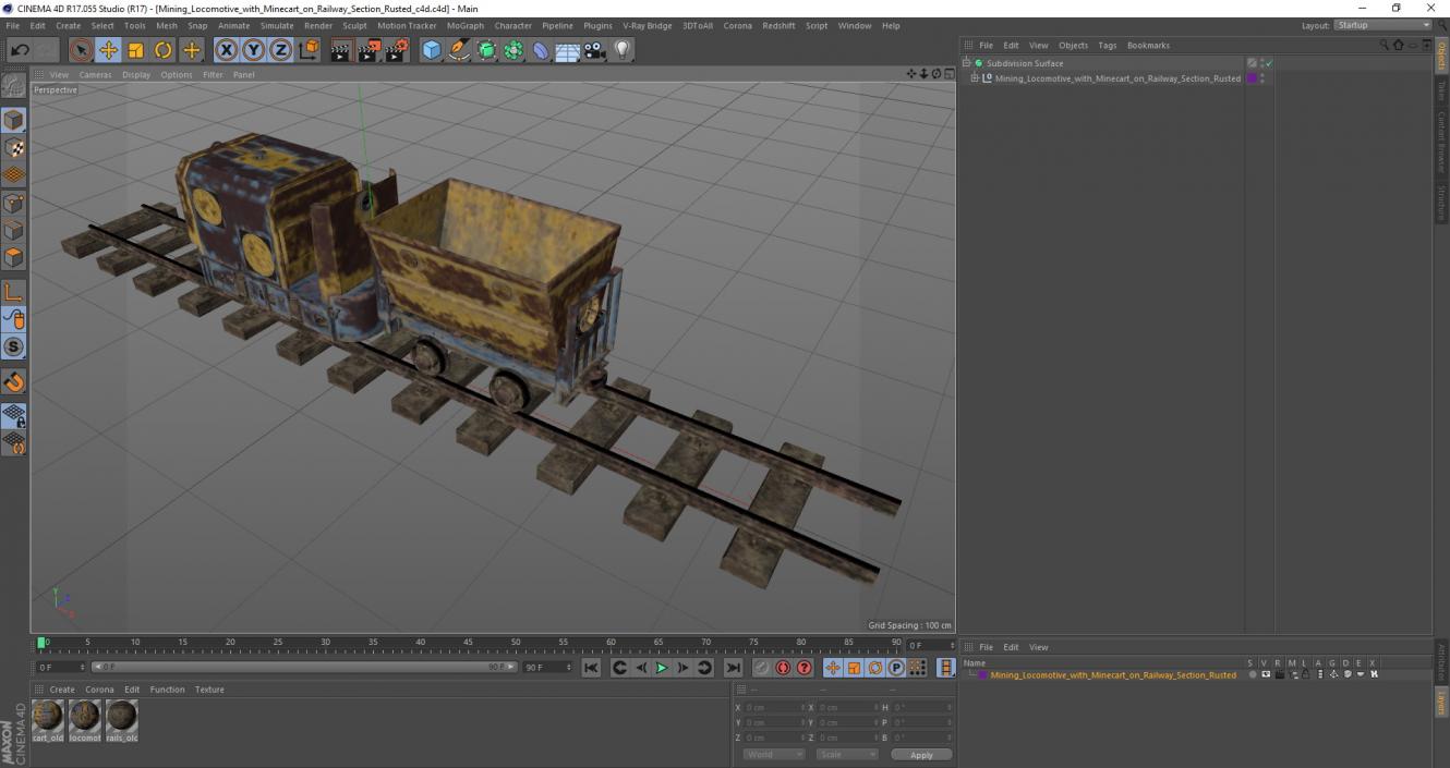 Mining Locomotive with Minecart on Railway Section Rusted 3D