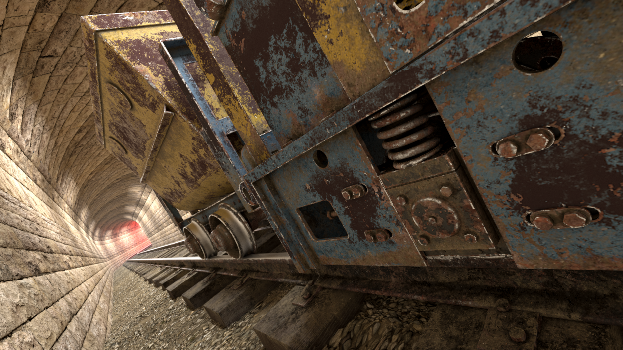 Mining Locomotive with Minecart on Railway Section Rusted 3D