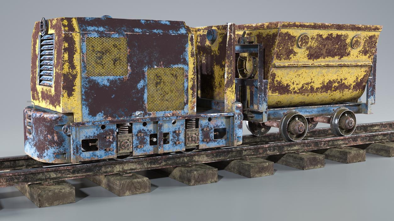 Mining Locomotive with Minecart on Railway Section Rusted 3D