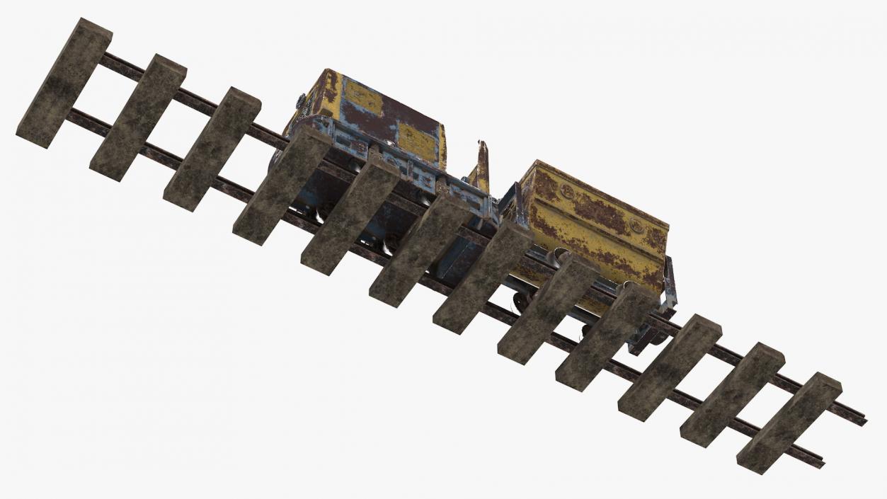 Mining Locomotive with Minecart on Railway Section Rusted 3D