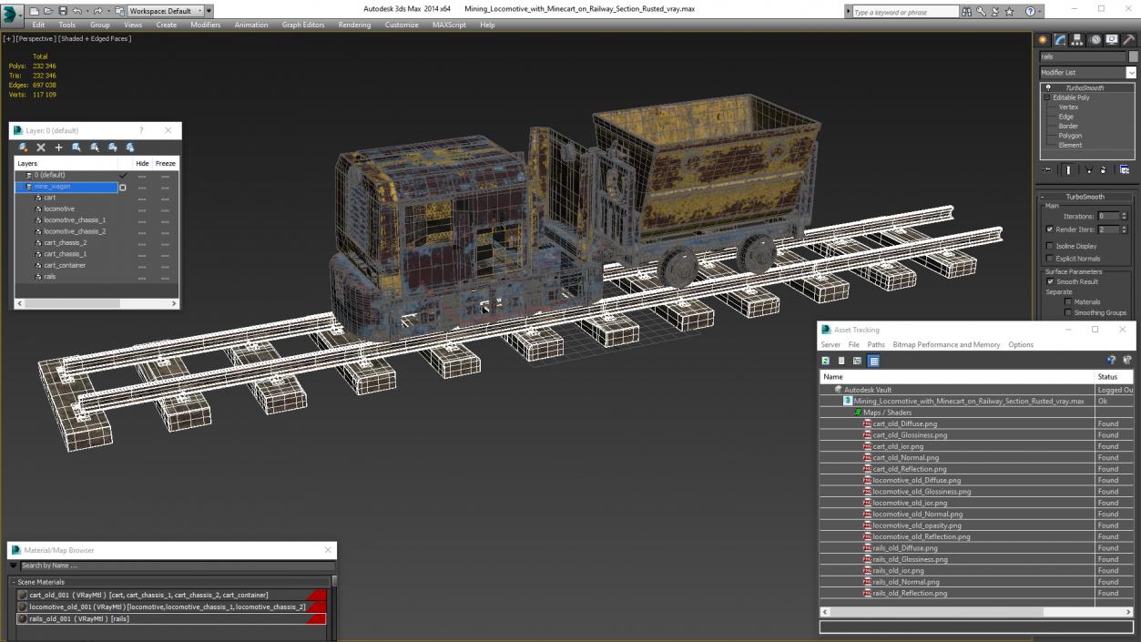 Mining Locomotive with Minecart on Railway Section Rusted 3D