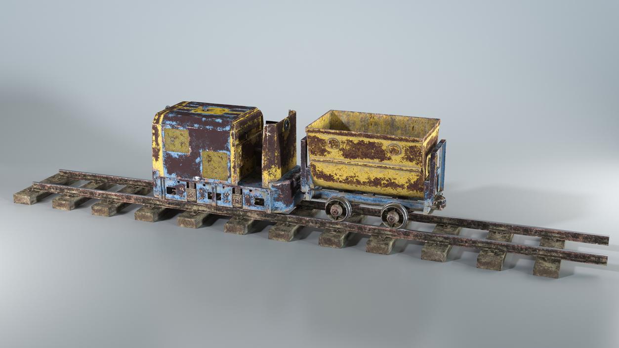 Mining Locomotive with Minecart on Railway Section Rusted 3D