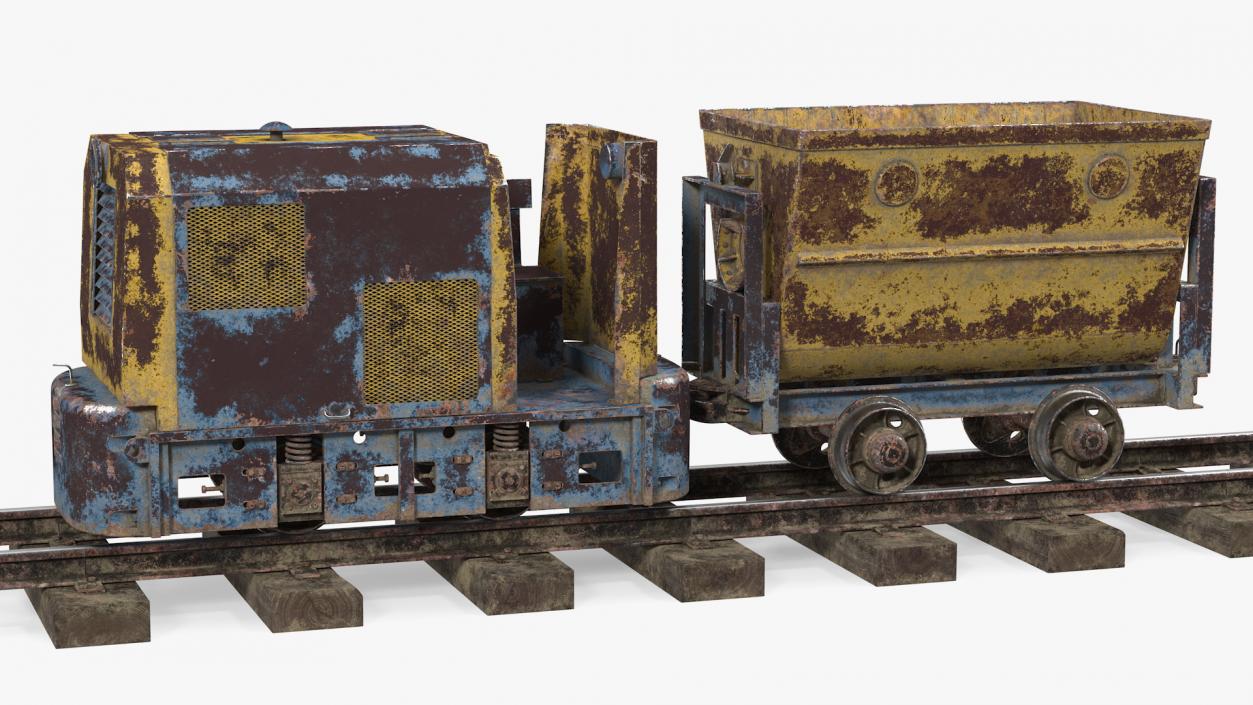 Mining Locomotive with Minecart on Railway Section Rusted 3D