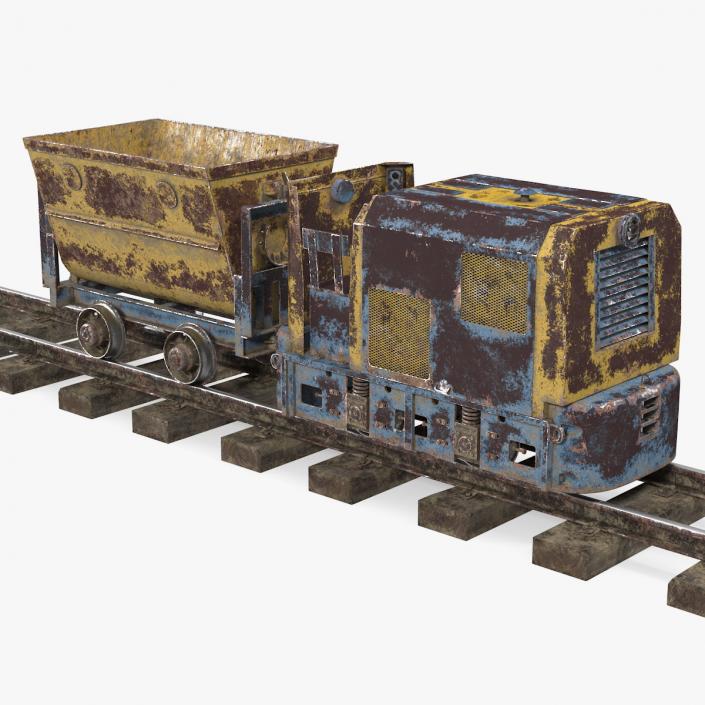 Mining Locomotive with Minecart on Railway Section Rusted 3D