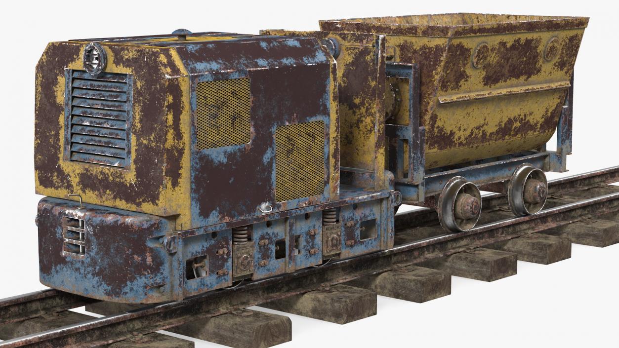 Mining Locomotive with Minecart on Railway Section Rusted 3D