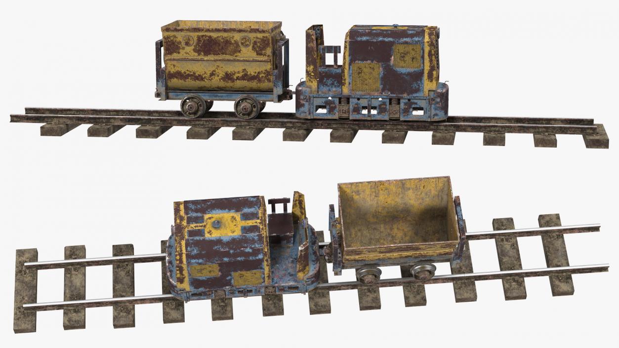 Mining Locomotive with Minecart on Railway Section Rusted 3D