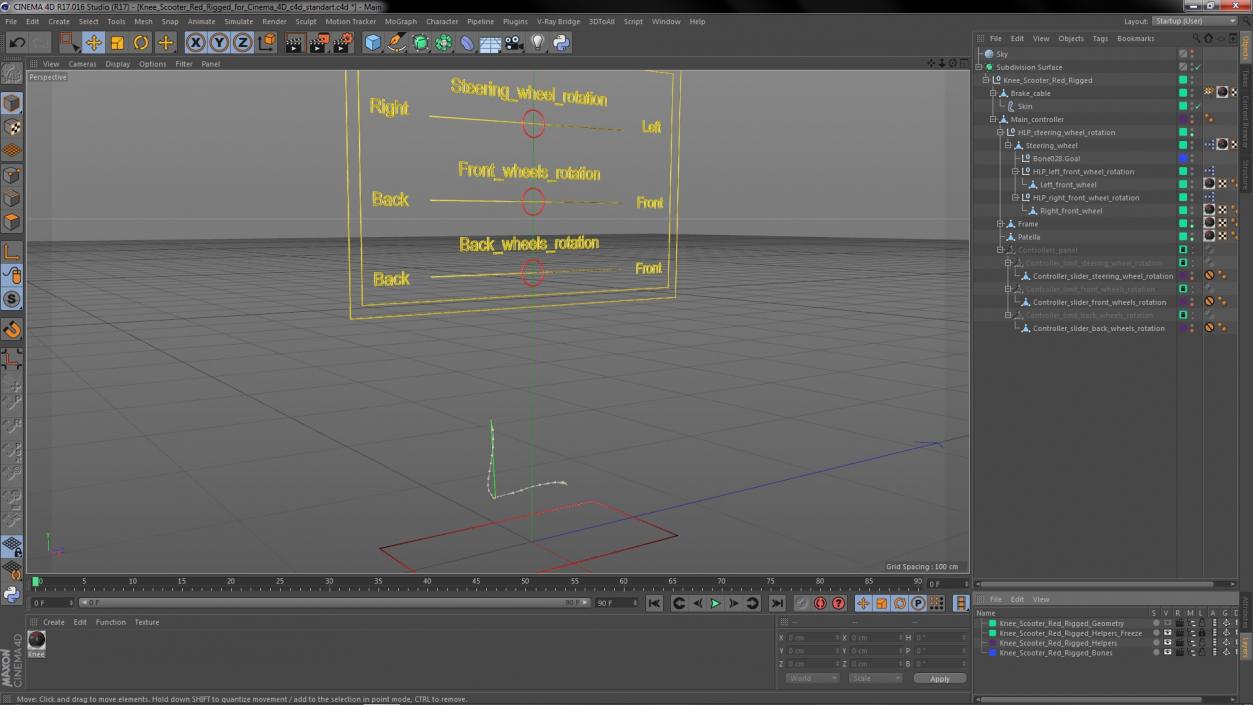 Knee Scooter Red Rigged for Cinema 4D 3D