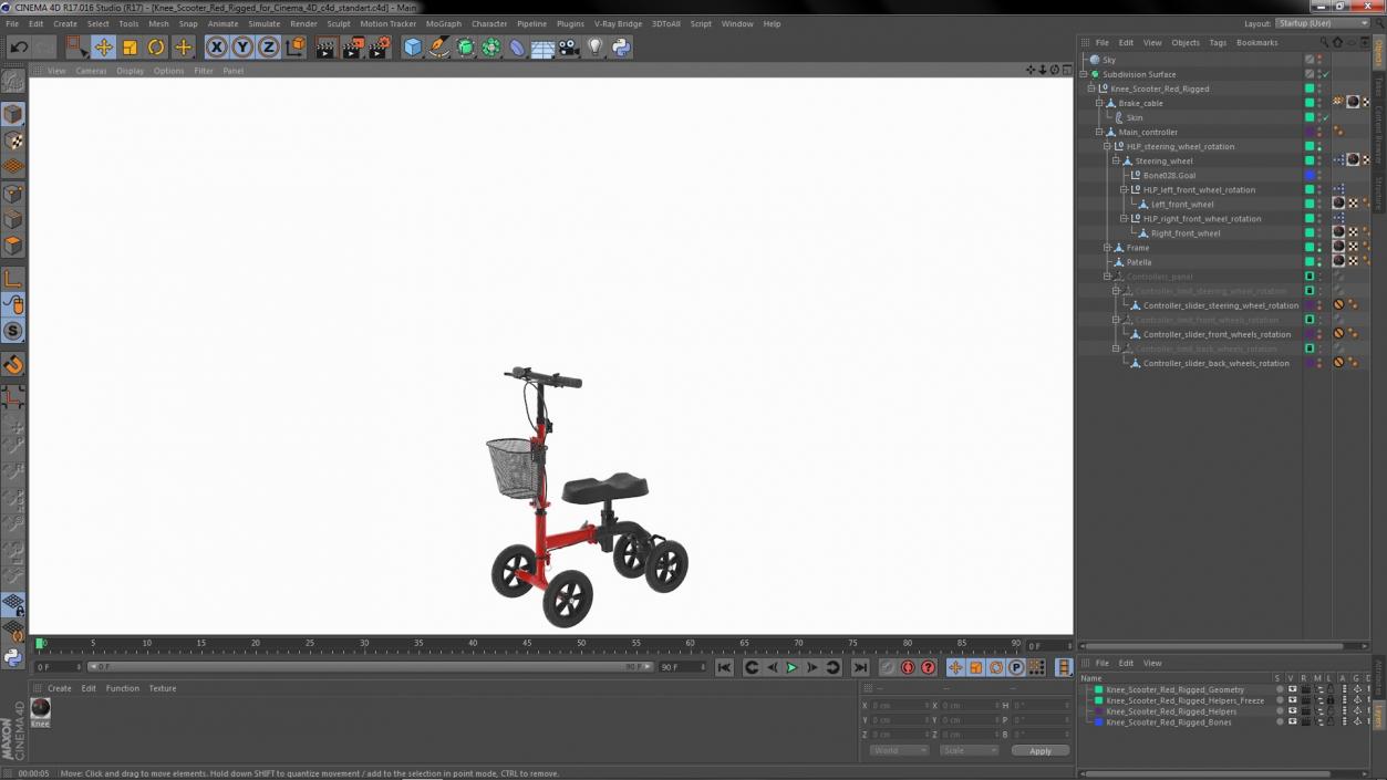 Knee Scooter Red Rigged for Cinema 4D 3D