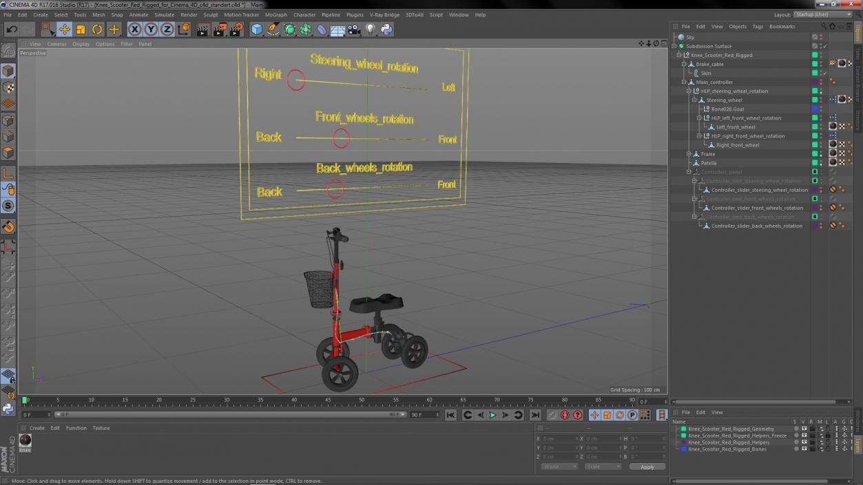 Knee Scooter Red Rigged for Cinema 4D 3D