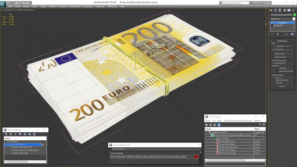 Bundle of 200 Euro Banknotes Bills 3D model