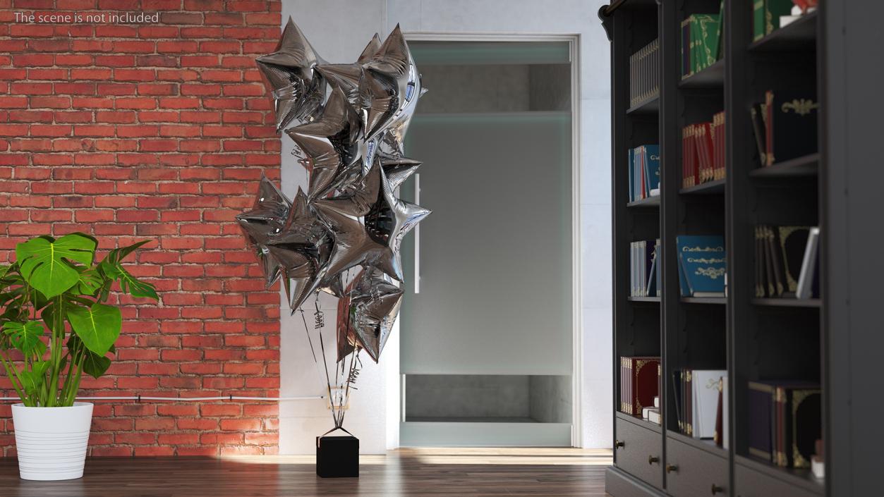 Star Shaped Silver Balloons Tied to Gift Box 3D model