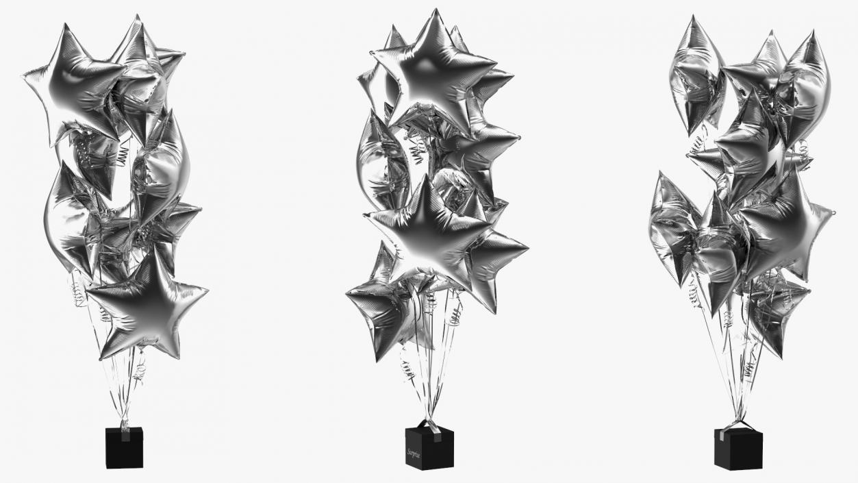 Star Shaped Silver Balloons Tied to Gift Box 3D model