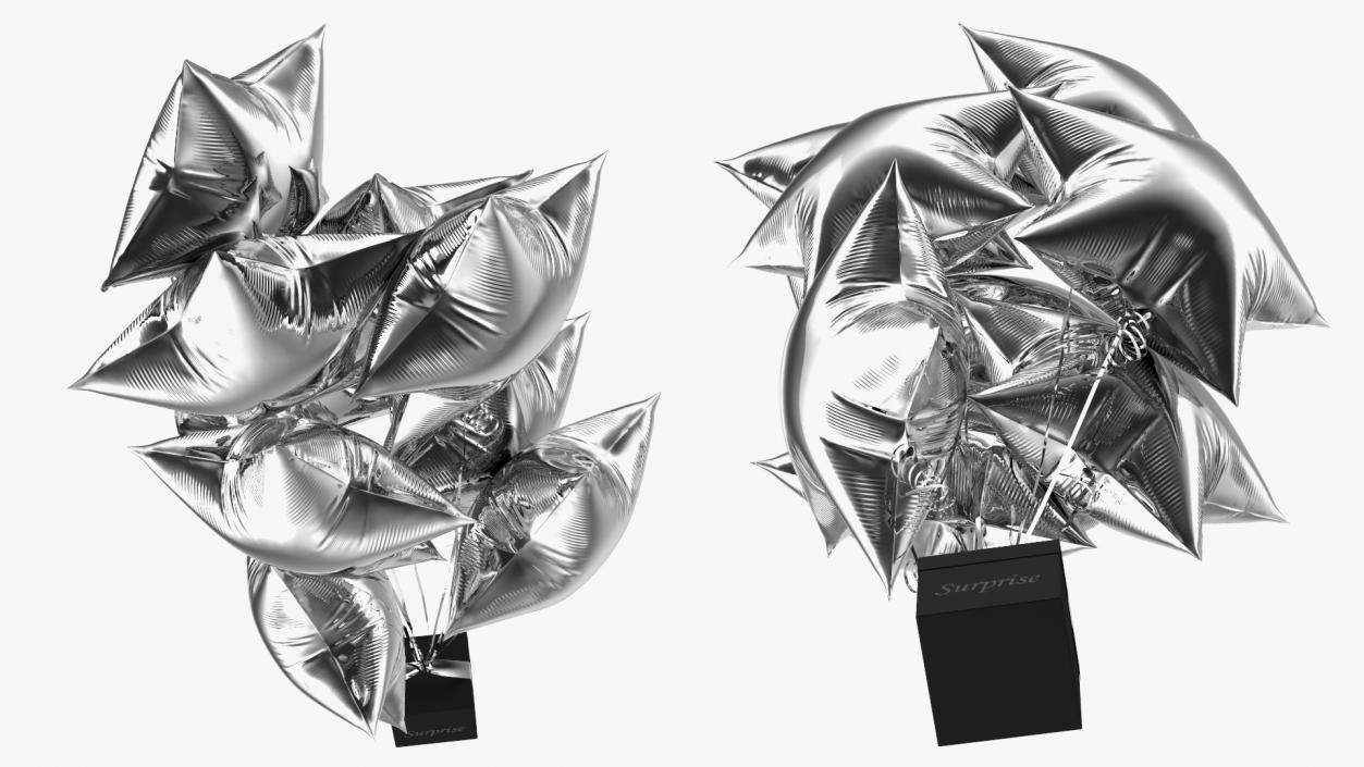 Star Shaped Silver Balloons Tied to Gift Box 3D model