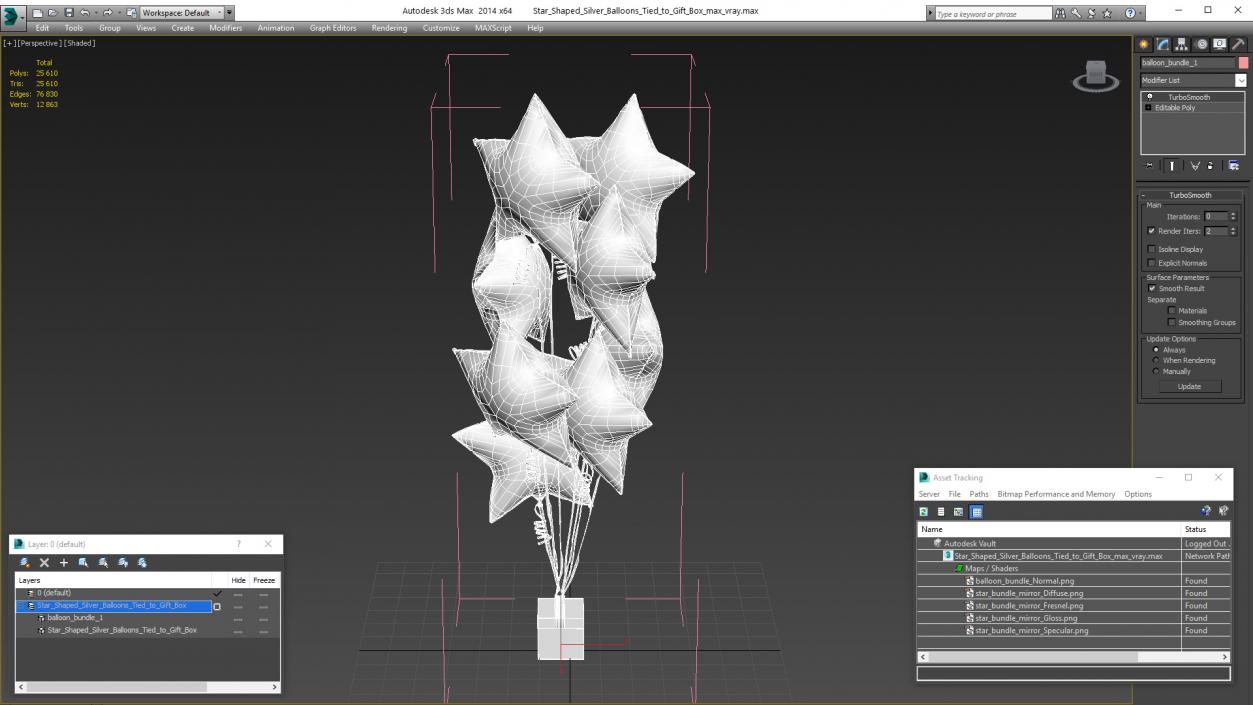 Star Shaped Silver Balloons Tied to Gift Box 3D model