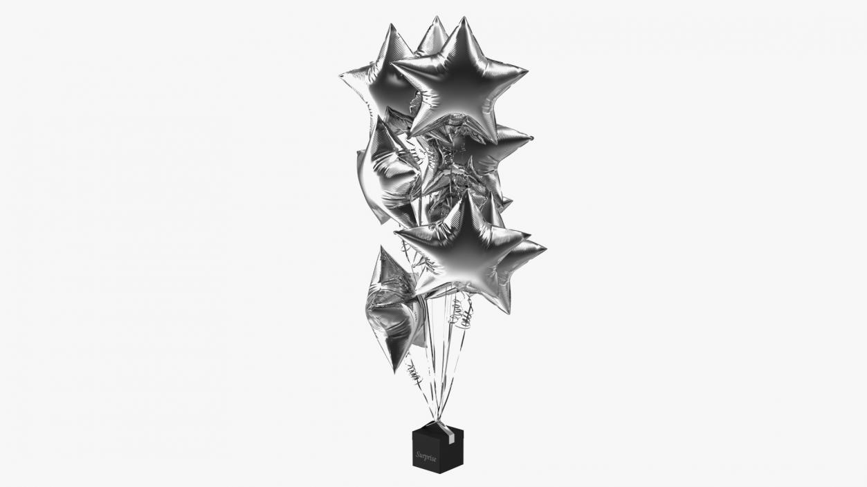 Star Shaped Silver Balloons Tied to Gift Box 3D model