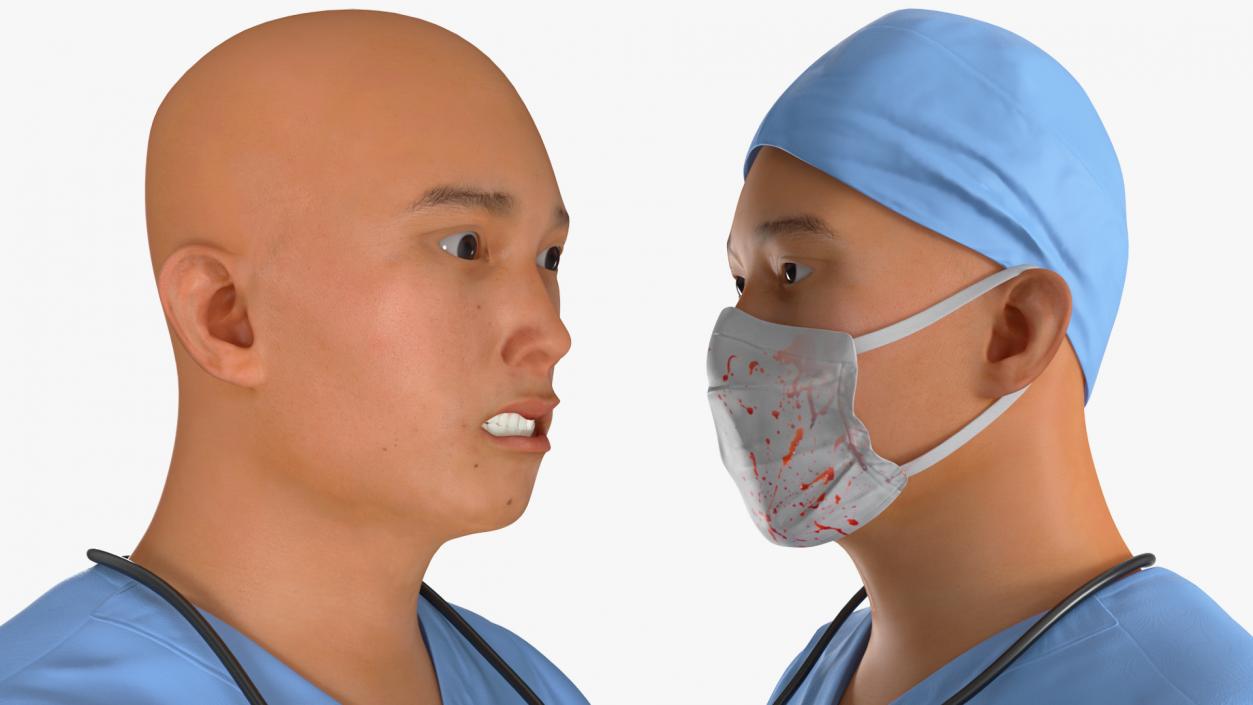 Asian Male Surgeon in Mask Blood Stained Rigged 3D