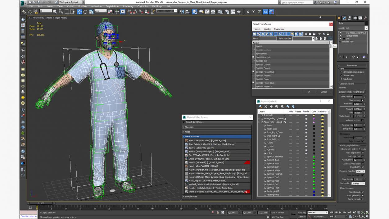 Asian Male Surgeon in Mask Blood Stained Rigged 3D