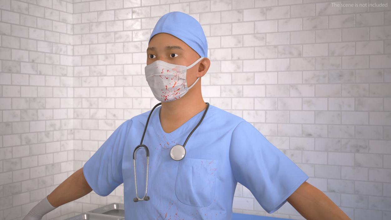 Asian Male Surgeon in Mask Blood Stained Rigged 3D