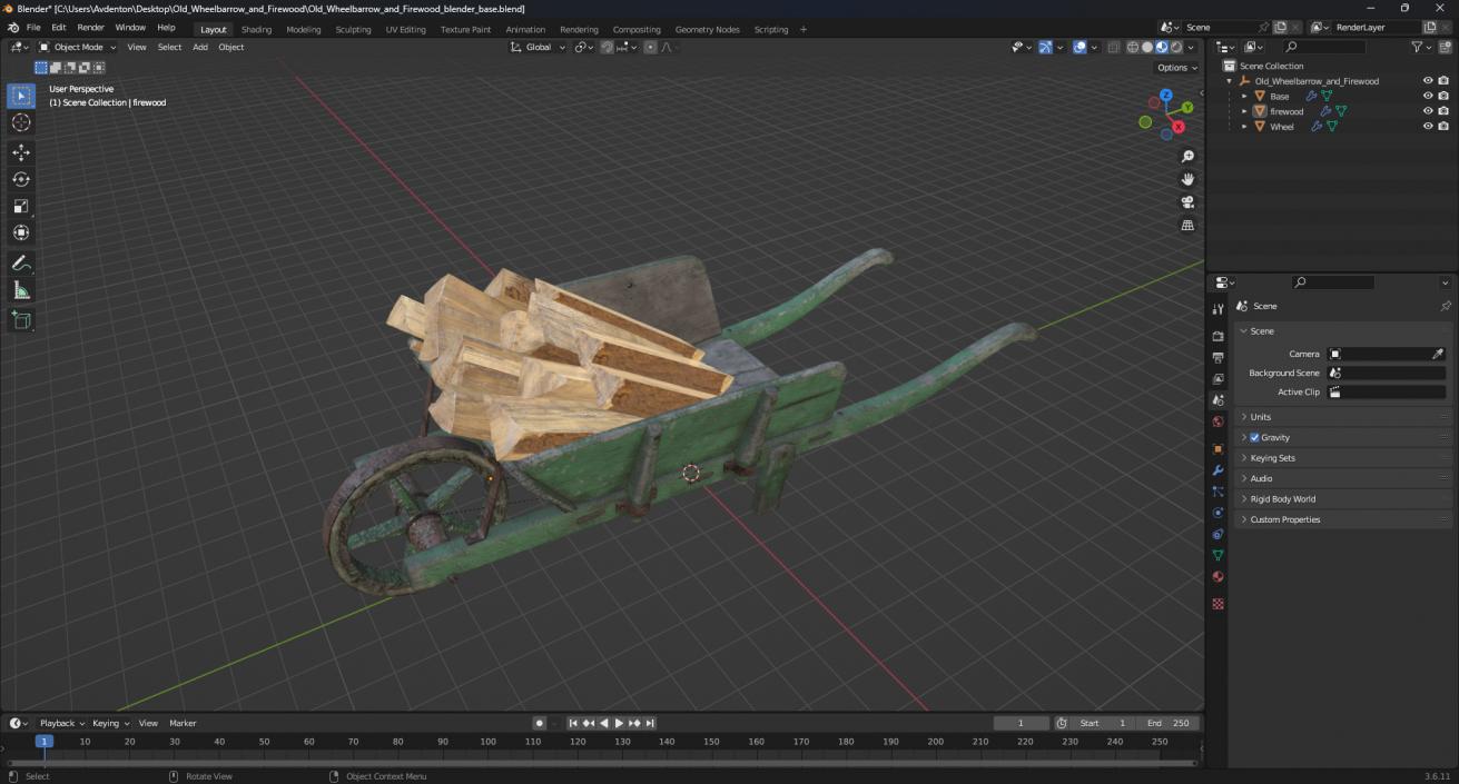 3D Old Wheelbarrow and Firewood model