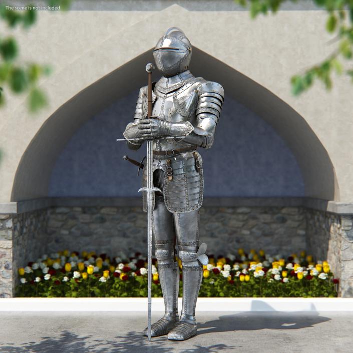 Medieval Knight Plate Armor standing with Zweihander 3D