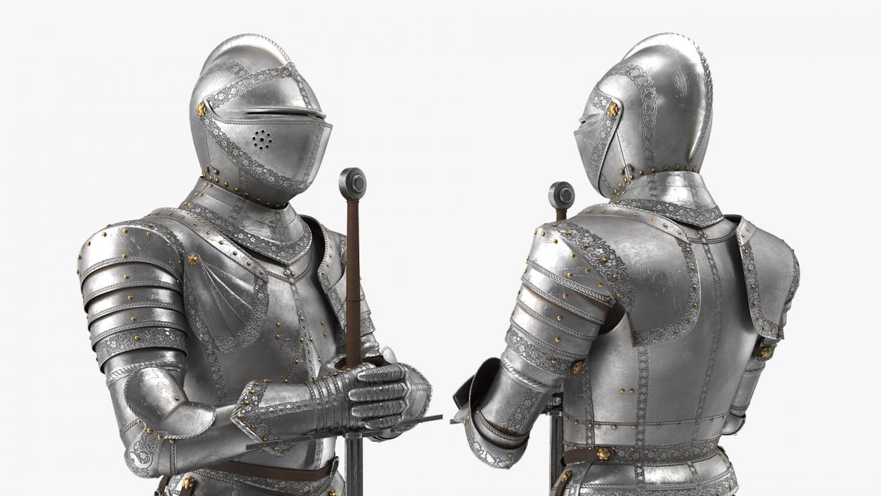 Medieval Knight Plate Armor standing with Zweihander 3D