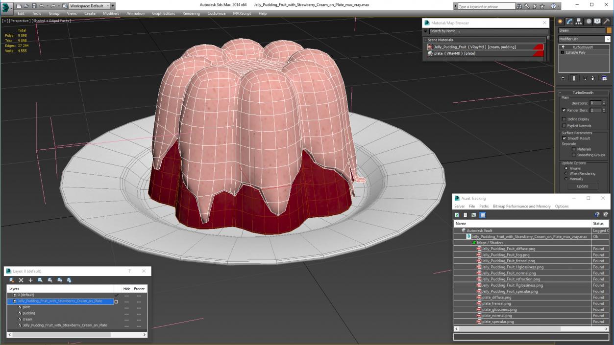 3D model Jelly Pudding Fruit with Strawberry Cream on Plate