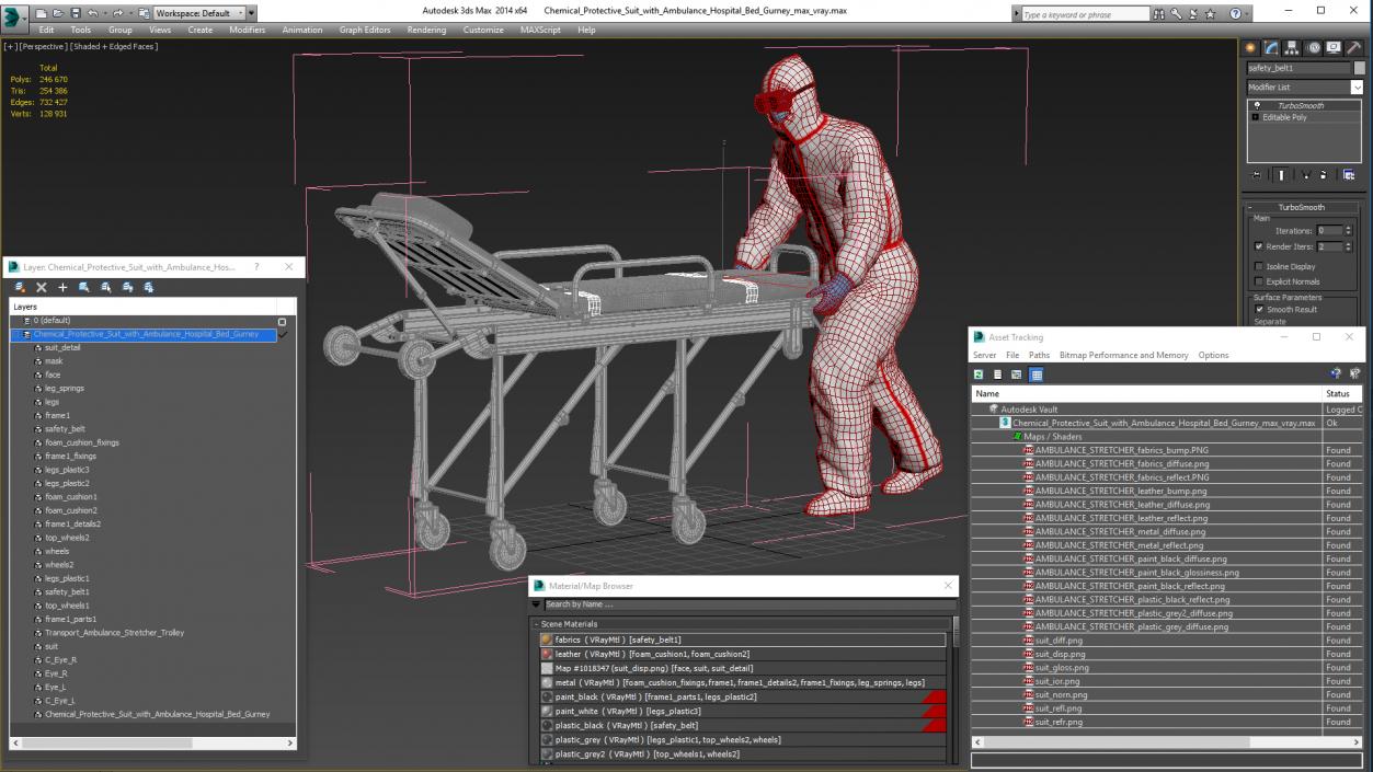 Chemical Protective Suit with Ambulance Hospital Bed Gurney 3D model