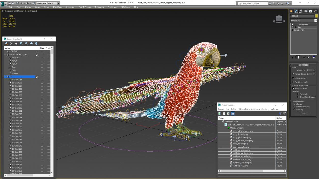 3D Red and Green Macaw Parrot Rigged model