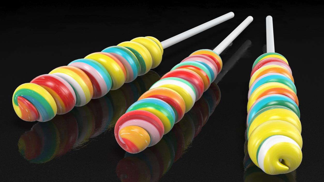 3D Three Rainbow Twisty Twirl Hard Lollipop Candy Sweets model