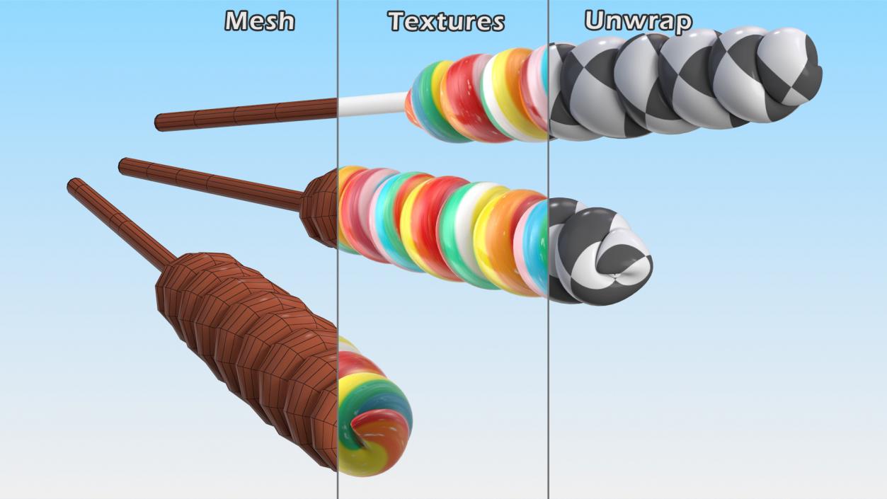 3D Three Rainbow Twisty Twirl Hard Lollipop Candy Sweets model