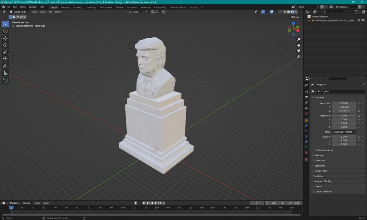 Marble Bust of President Trump on Pedestal 3D