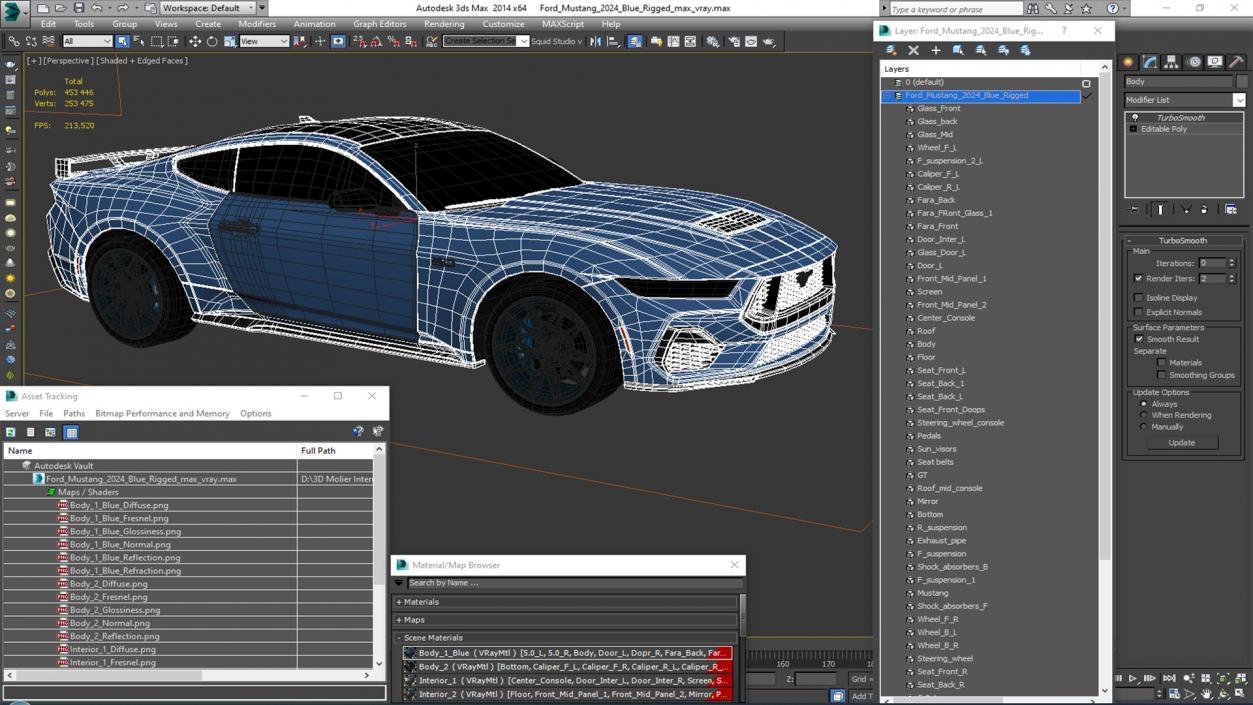 Ford Mustang 2024 Blue Rigged 3D model