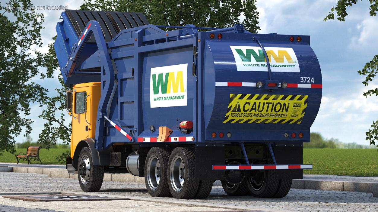 3D Mack Garbage Truck with Dumpster Blue Rigged for Maya model