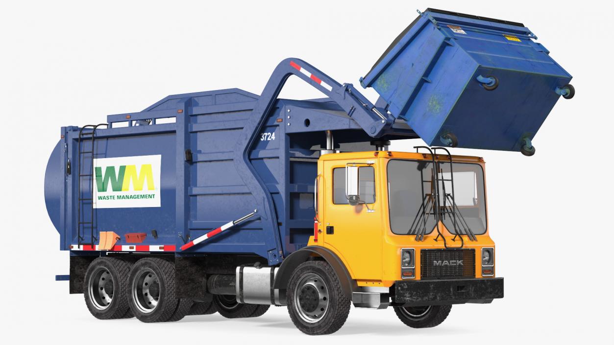 3D Mack Garbage Truck with Dumpster Blue Rigged for Maya model