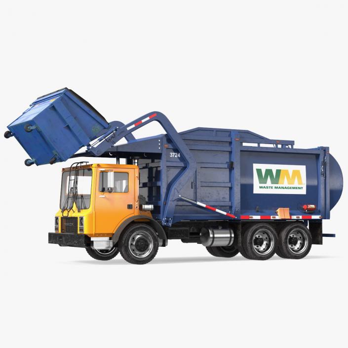 3D Mack Garbage Truck with Dumpster Blue Rigged for Maya model