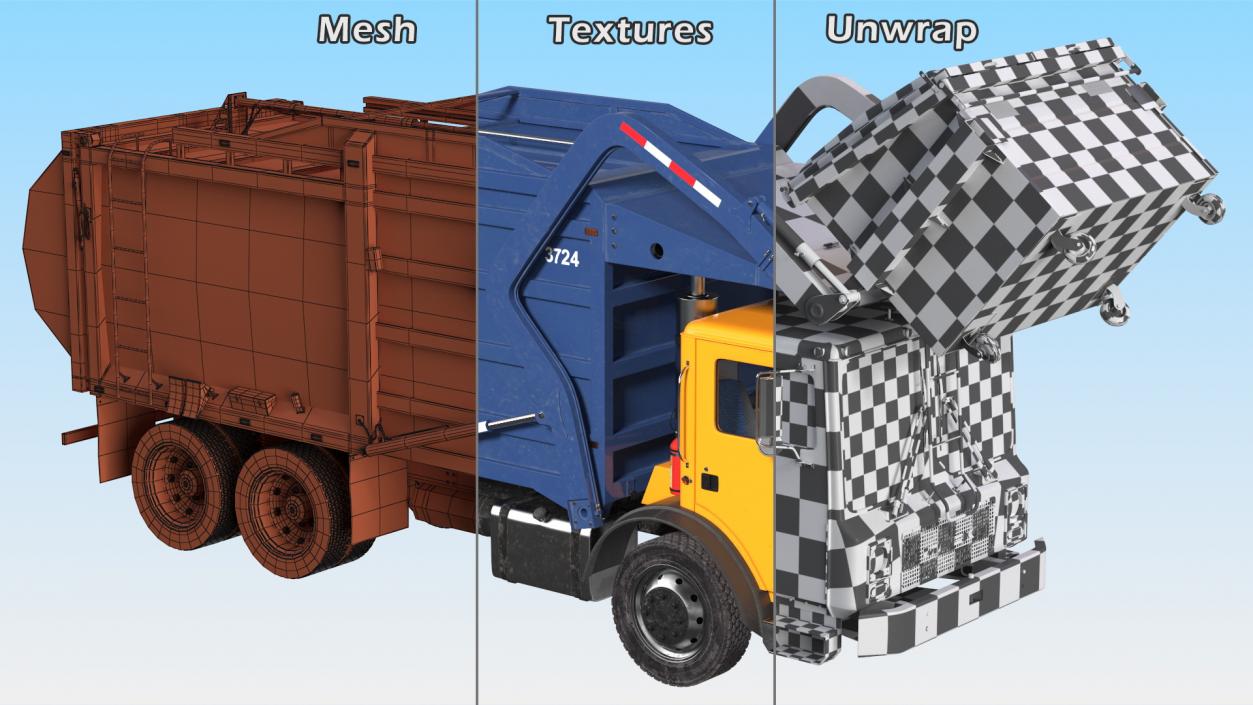 3D Mack Garbage Truck with Dumpster Blue Rigged for Maya model