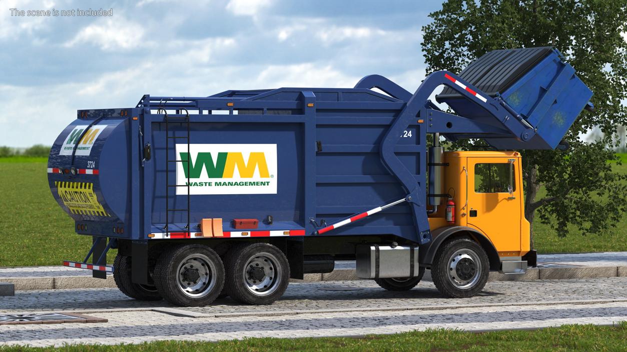 3D Mack Garbage Truck with Dumpster Blue Rigged for Maya model