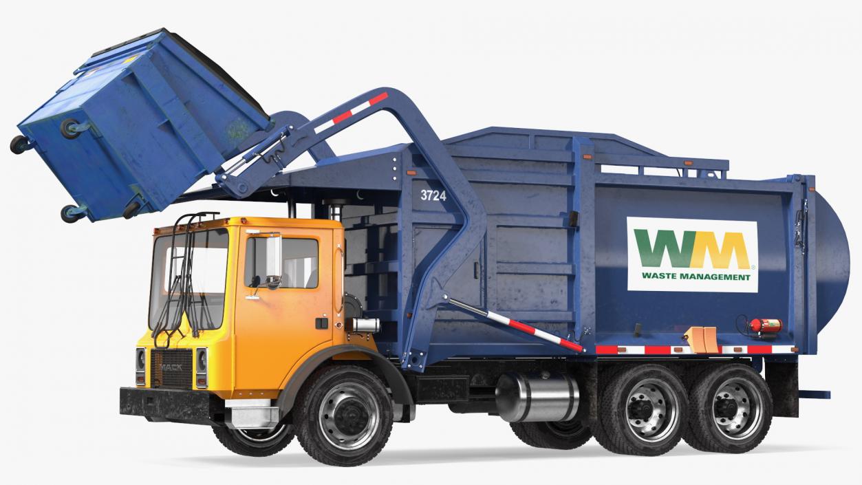 3D Mack Garbage Truck with Dumpster Blue Rigged for Maya model