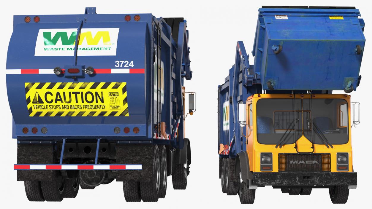 3D Mack Garbage Truck with Dumpster Blue Rigged for Maya model