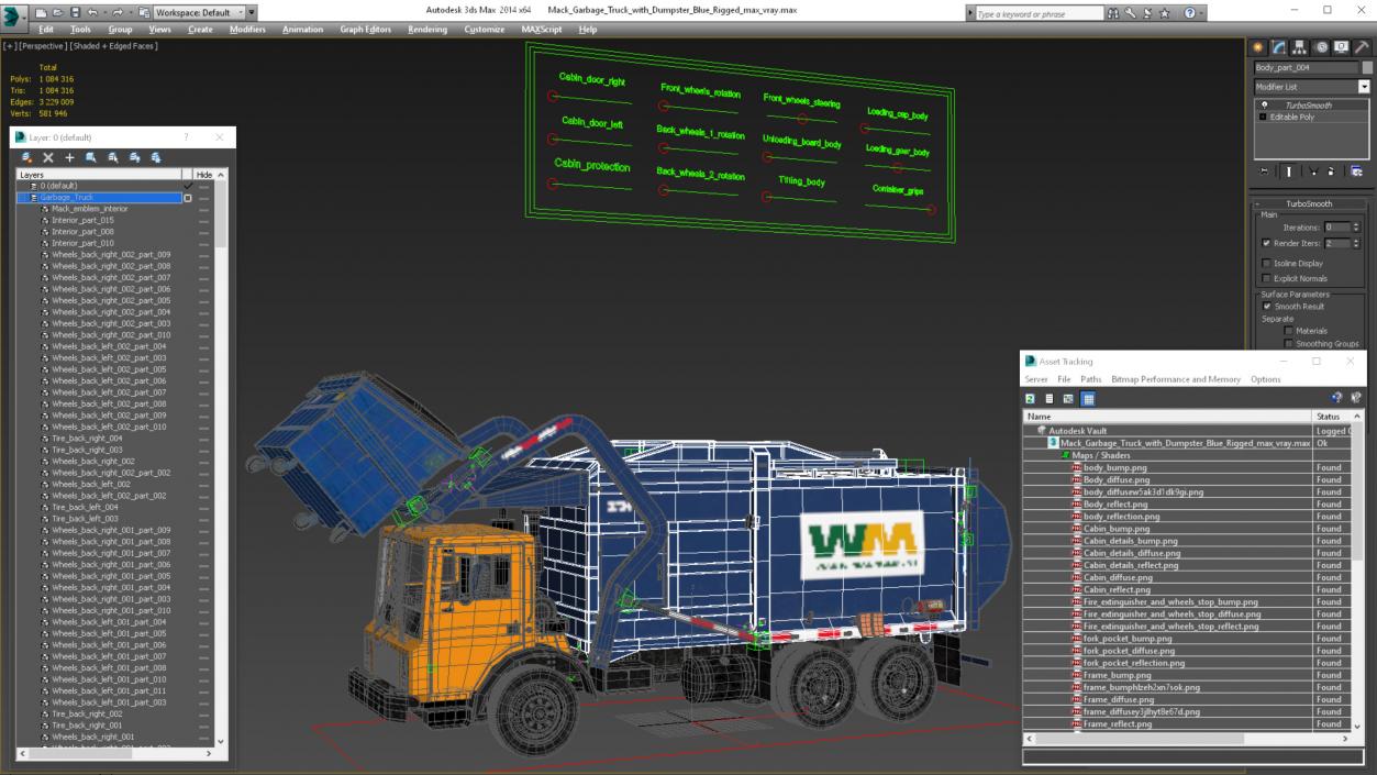 3D Mack Garbage Truck with Dumpster Blue Rigged for Maya model