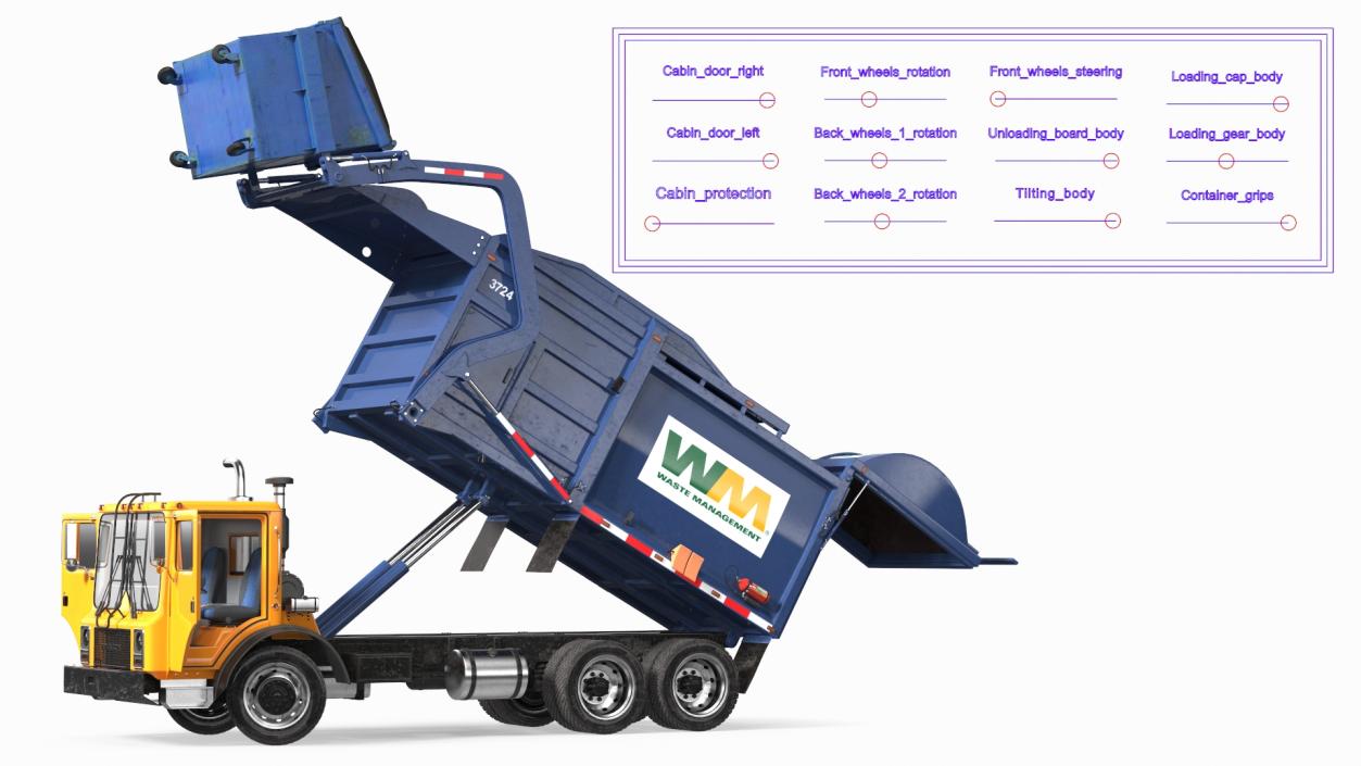 3D Mack Garbage Truck with Dumpster Blue Rigged for Maya model